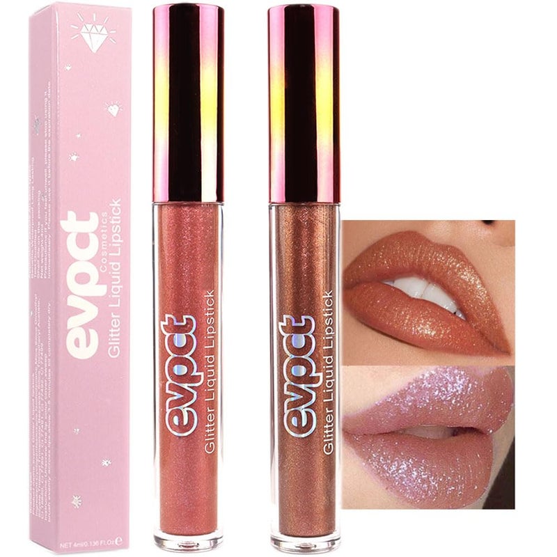 evpct 2Pcs Bronze Gold Nude Gold Matte to Glitter Liquid Lipstick Set for Women Long Lasting Glossy Metallic Shimmer Sparkle Lipstick Lip Gloss 514